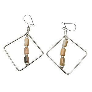 Sterling Silver Geometric Dangle Earrings With Beige Peach Abalone Shell